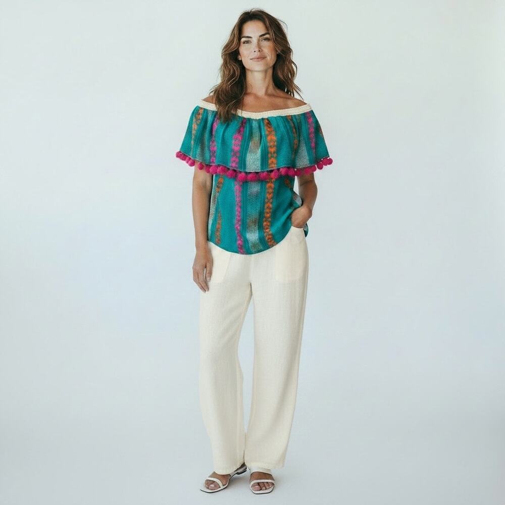 JUDITH MARCH Turquoise Peasant-style Top With Pink Pompon Fringe Size Medium